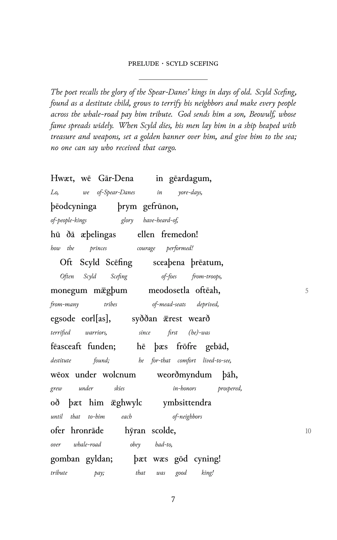Page 7 of the book: the Old English text with an English word under each word.