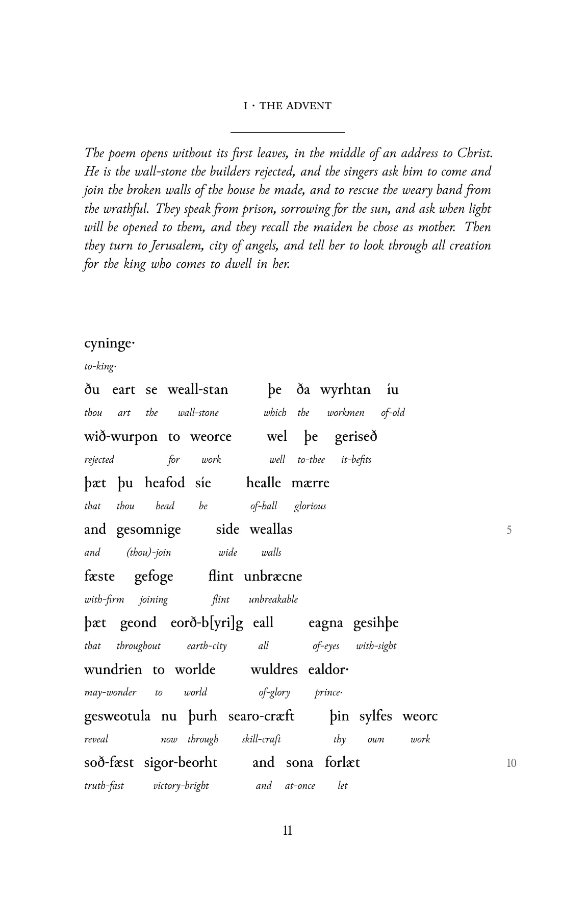 Page 11 of the book: the Old English text with an English word under each word.