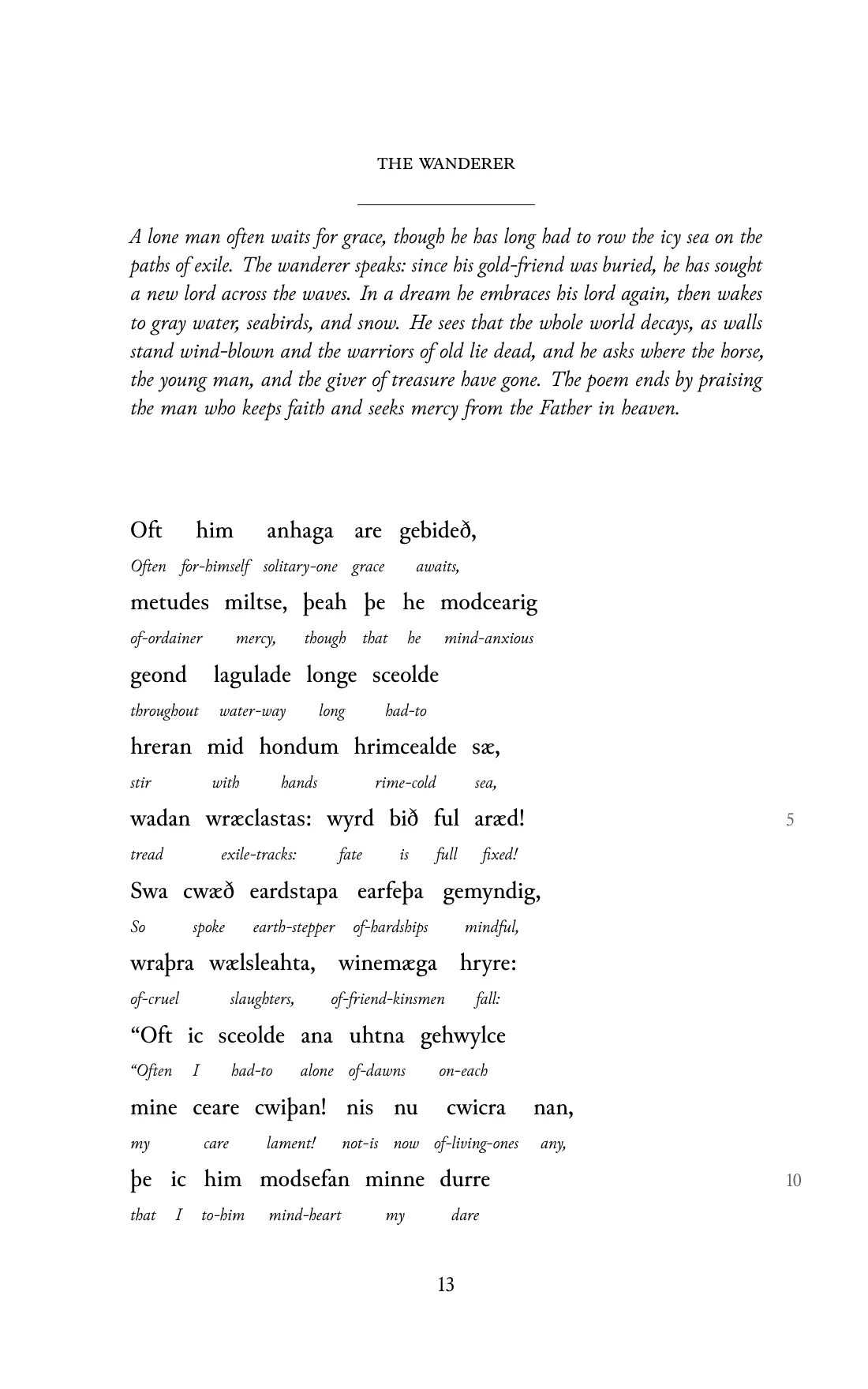 Page 13 of the book: the Old English text with an English word under each word.
