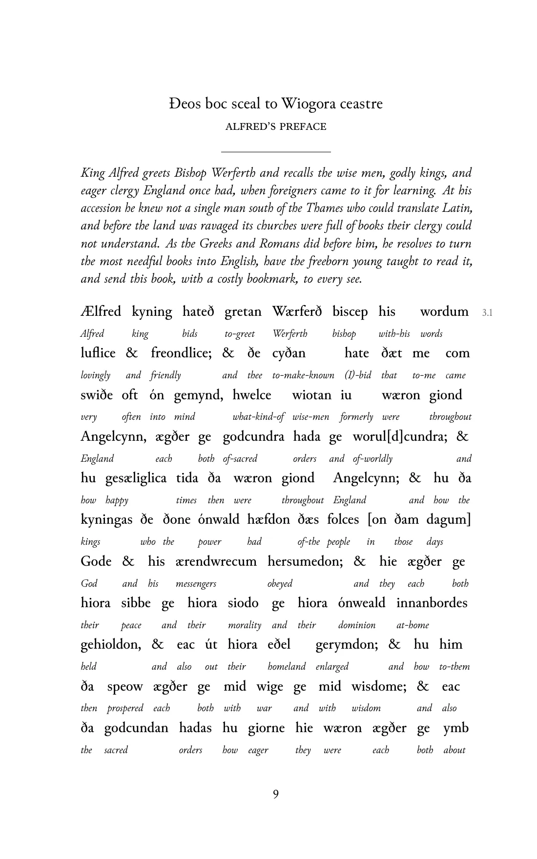 Page 9 of the book: the Old English text with an English word under each word.