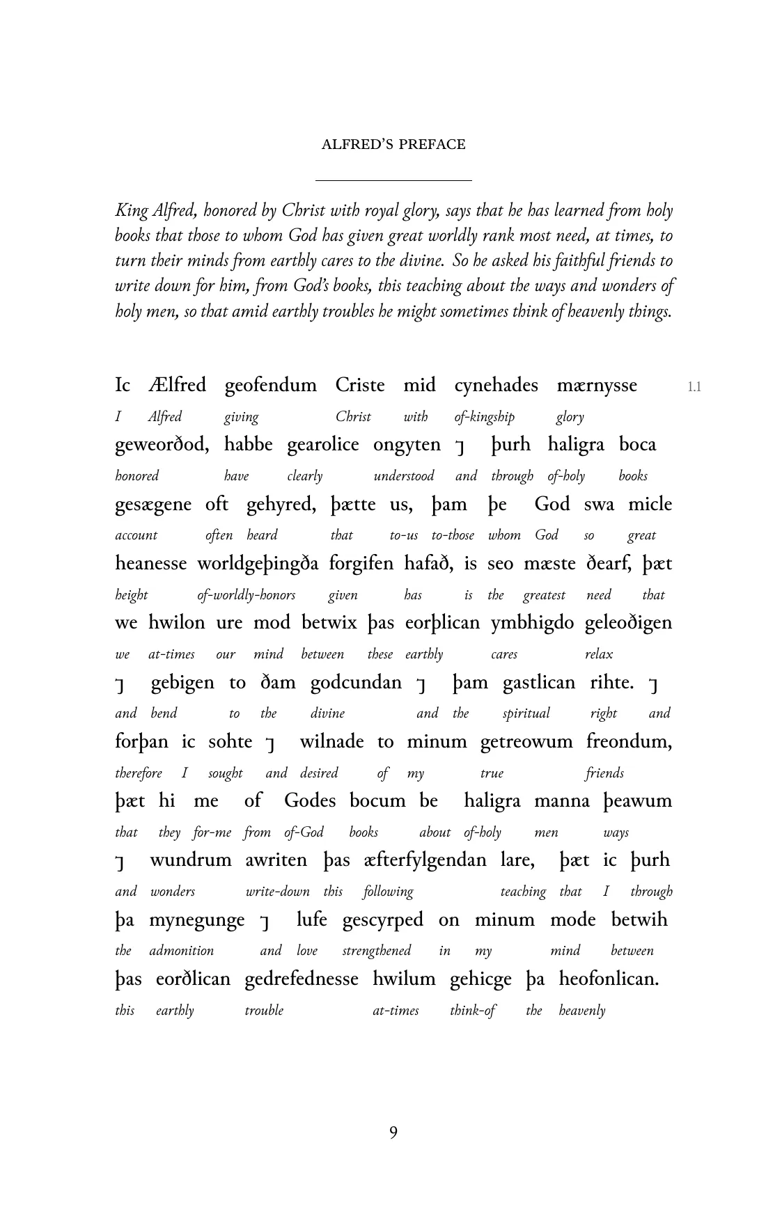 Page 9 of the book: the Old English text with an English word under each word.