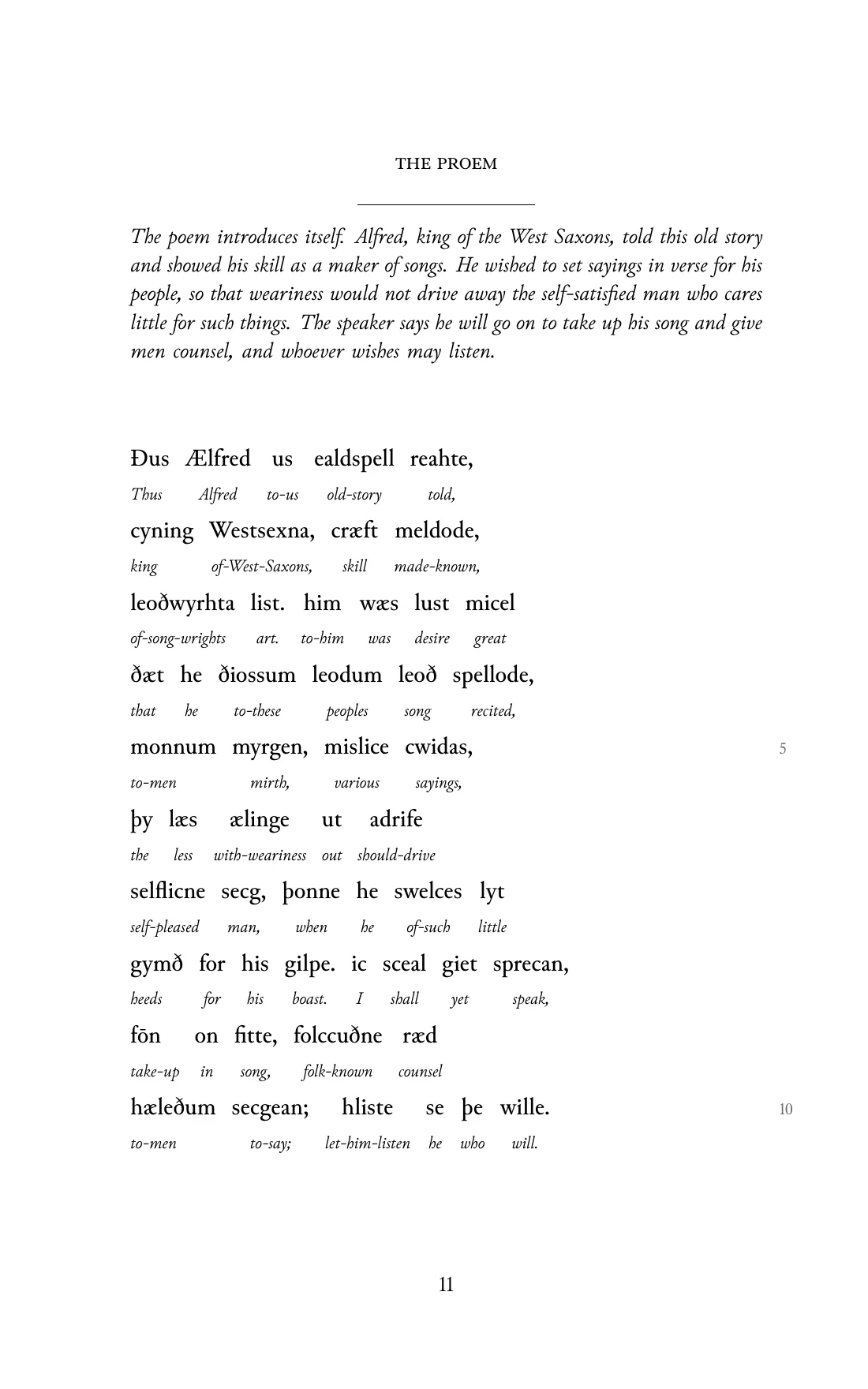 Page 11 of the book: the Old English text with an English word under each word.