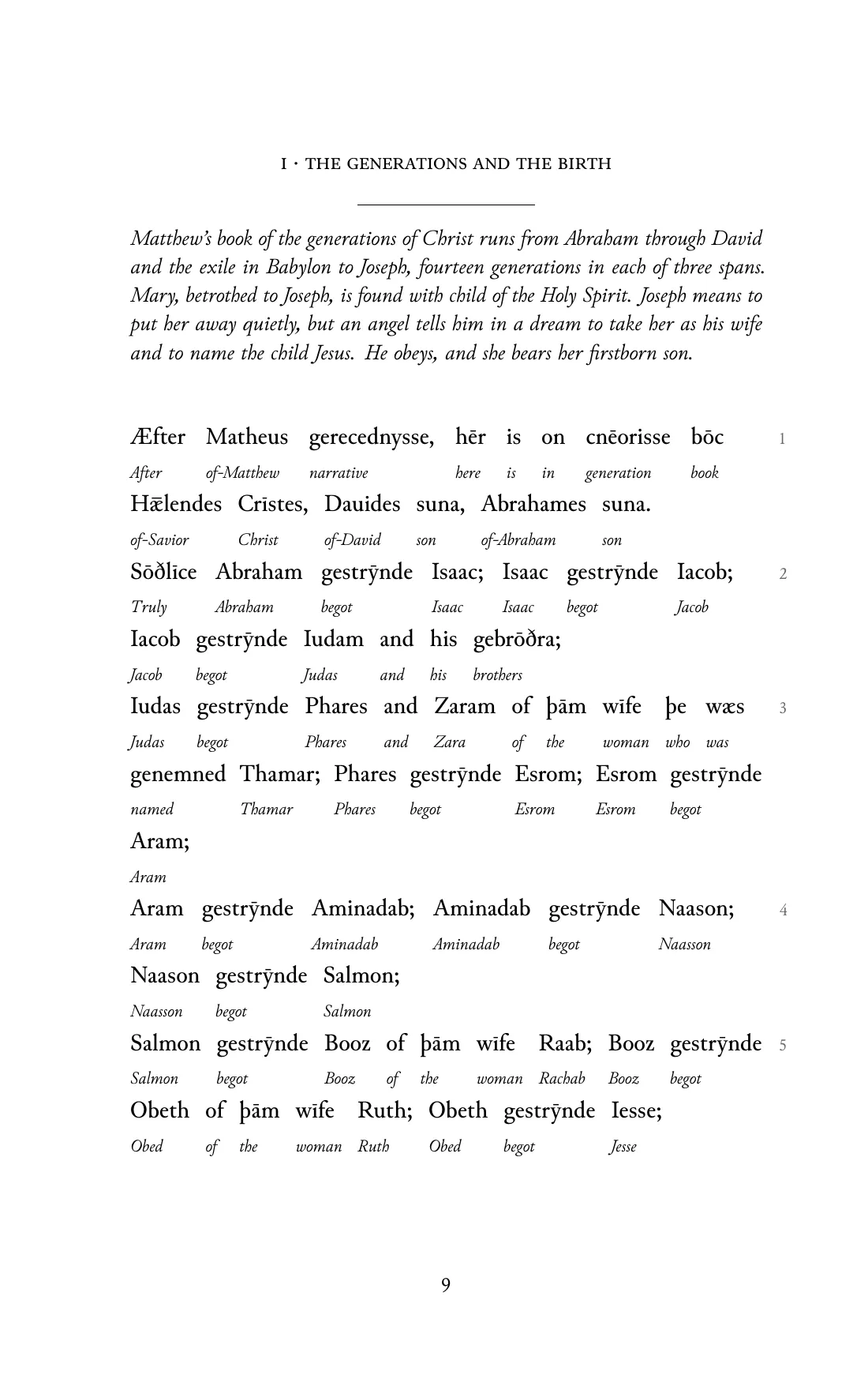 Page 9 of the book: the Old English text with an English word under each word.