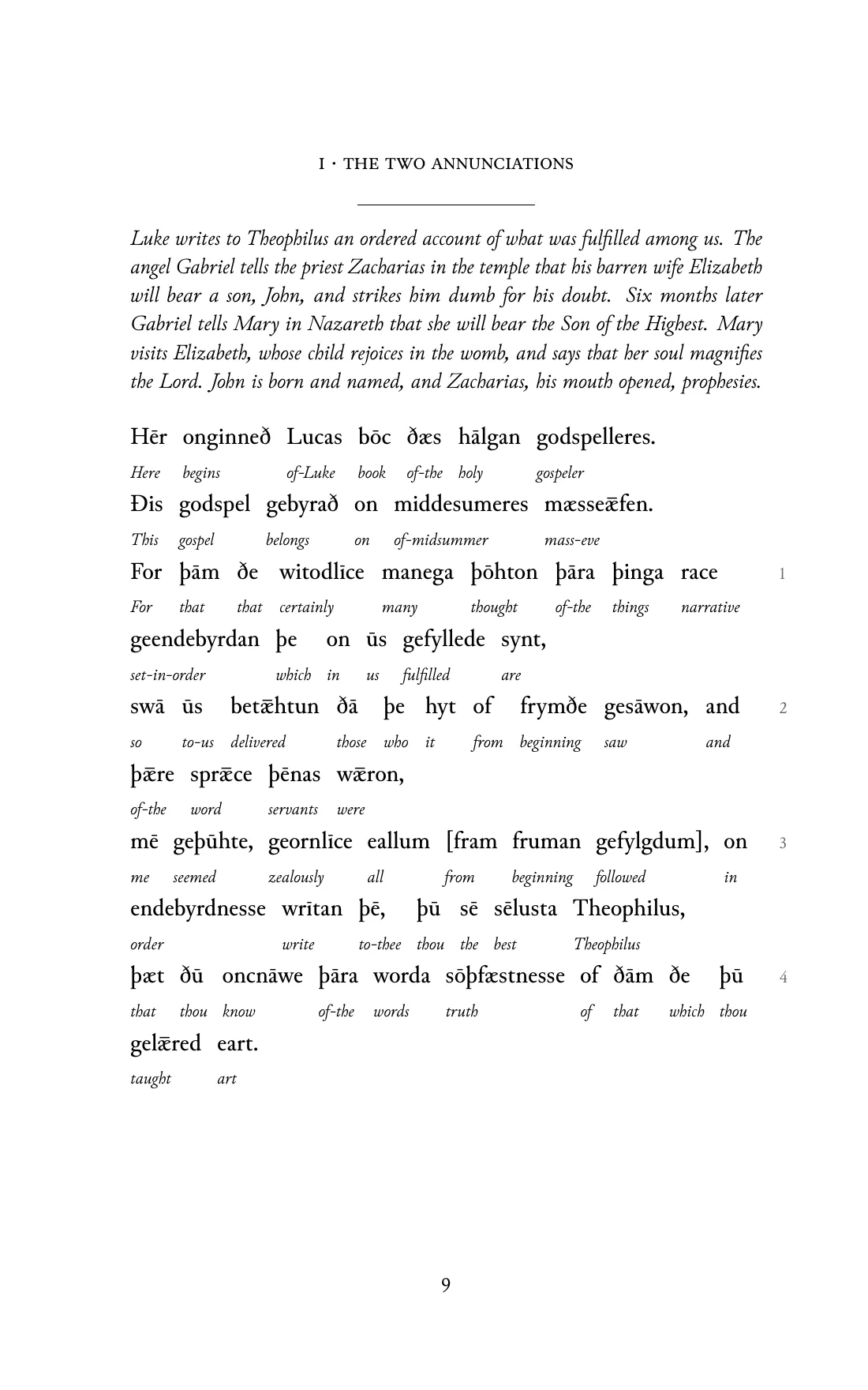 Page 9 of the book: the Old English text with an English word under each word.