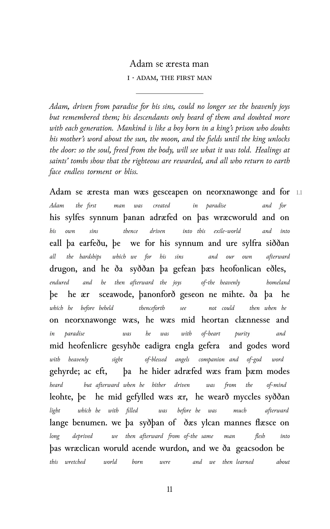 Page 11 of the book: the Old English text with an English word under each word.