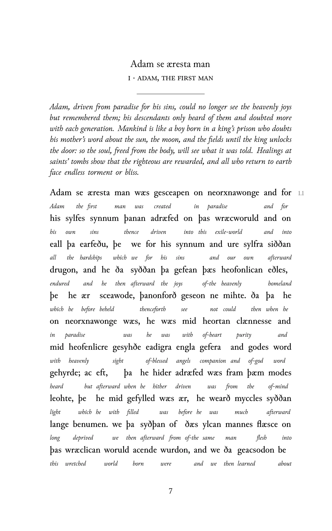Page 7 of the book: the Old English text with an English word under each word.