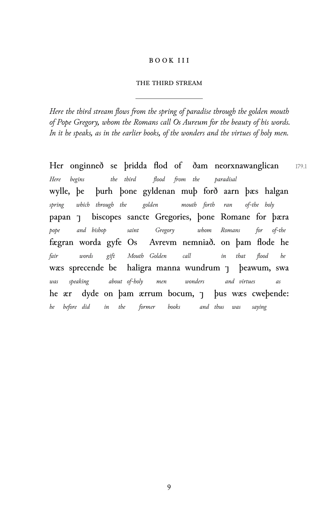 Page 9 of the book: the Old English text with an English word under each word.