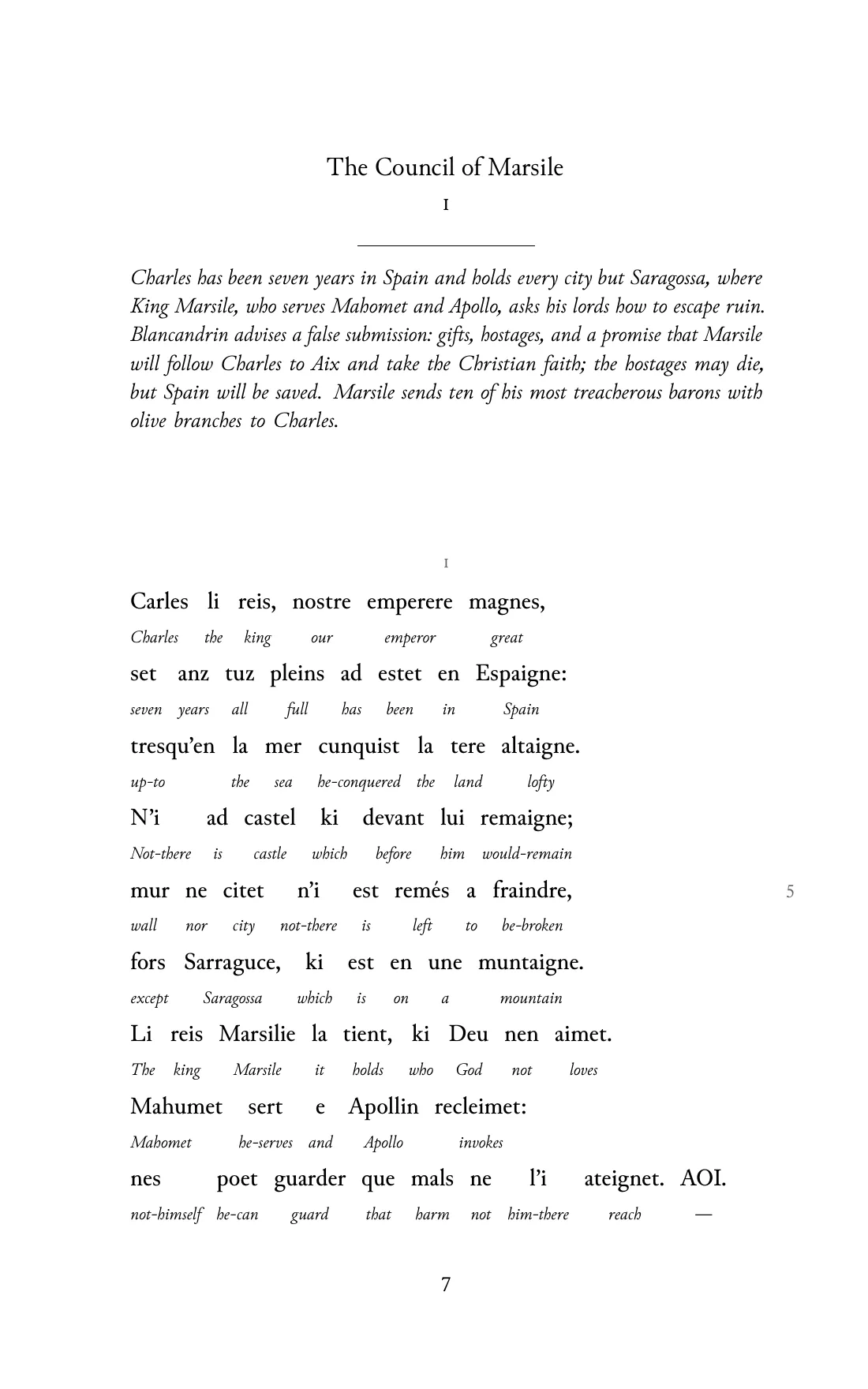 Page 7 of the book: the Old French text with an English word under each word.
