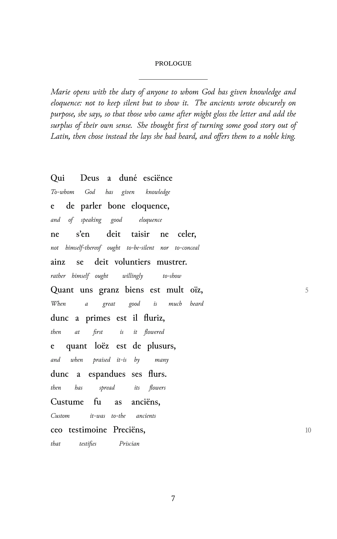 Page 7 of the book: the Old French text with an English word under each word.
