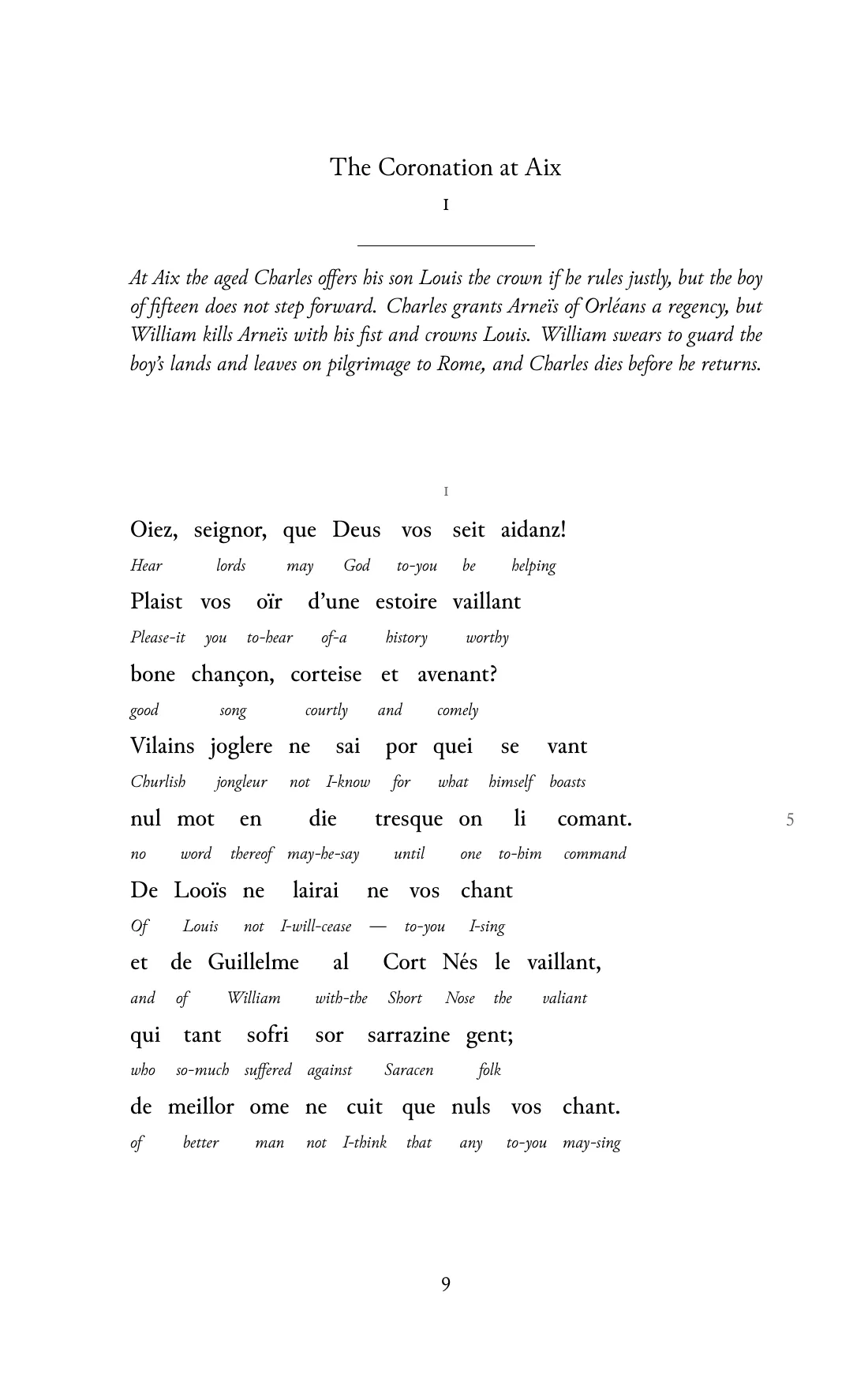 Page 9 of the book: the Old French text with an English word under each word.