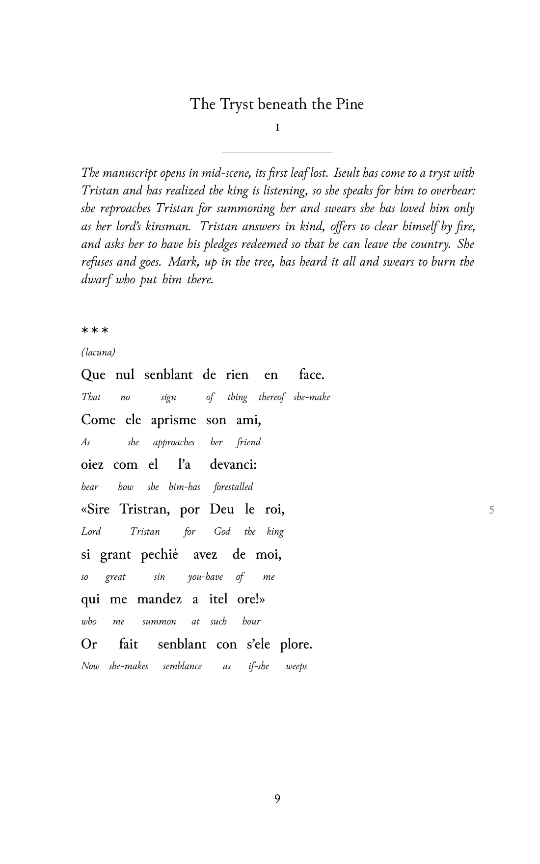 Page 9 of the book: the Old French text with an English word under each word.