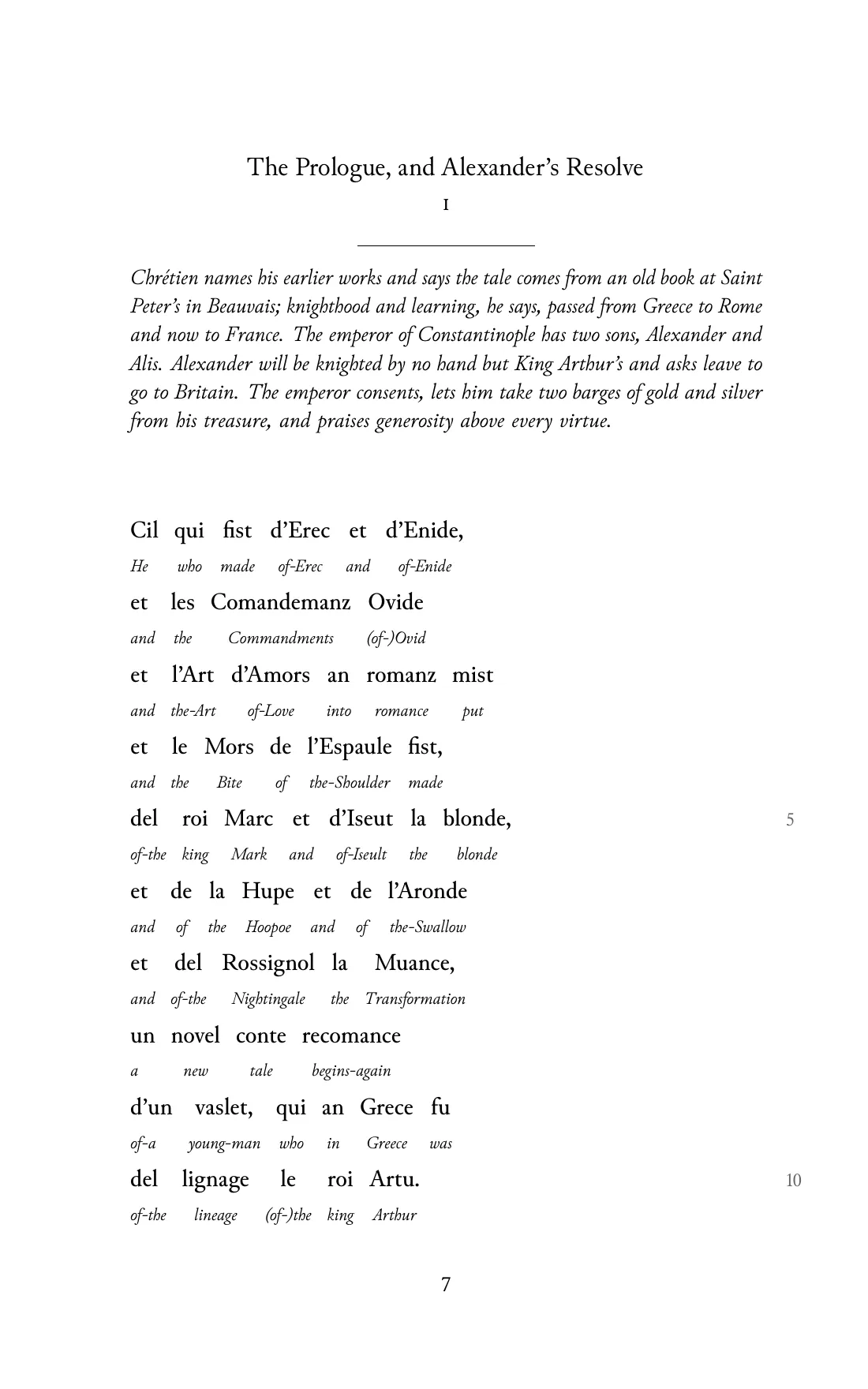 Page 7 of the book: the Old French text with an English word under each word.