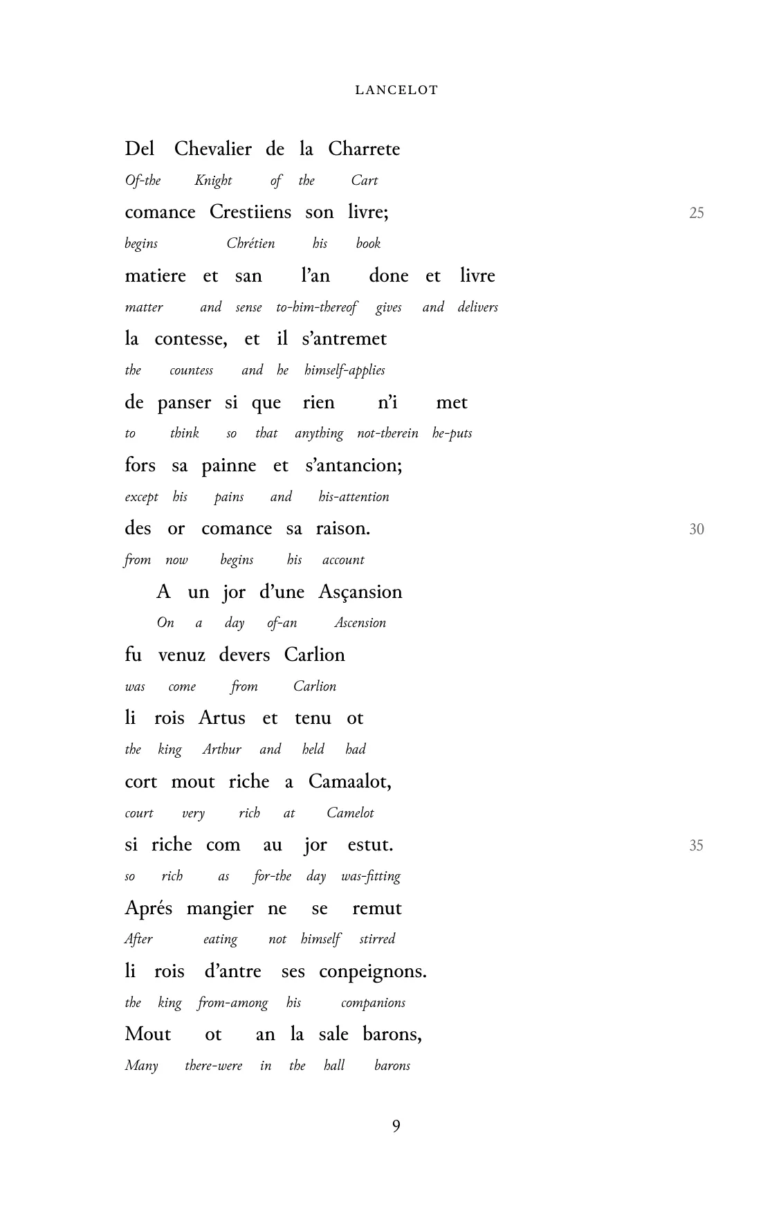 Page 9 of the book: the Old French text with an English word under each word.