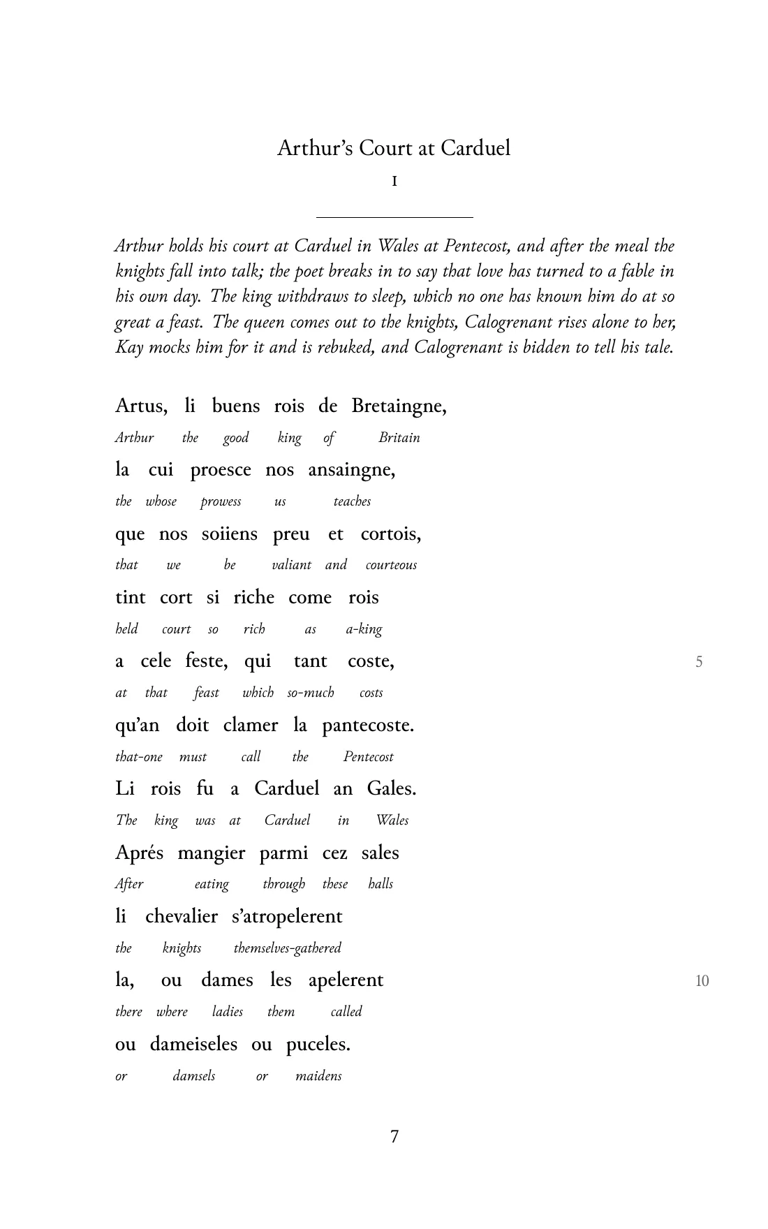 Page 7 of the book: the Old French text with an English word under each word.