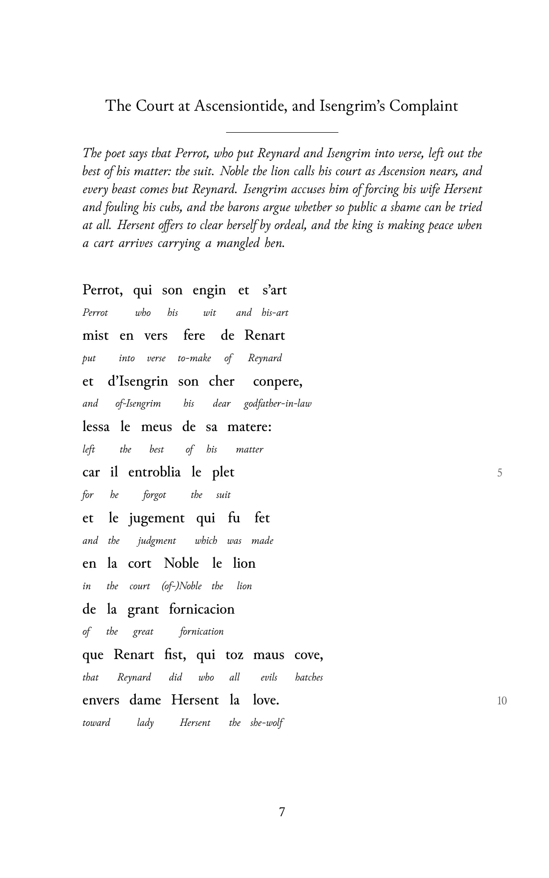 Page 7 of the book: the Old French text with an English word under each word.