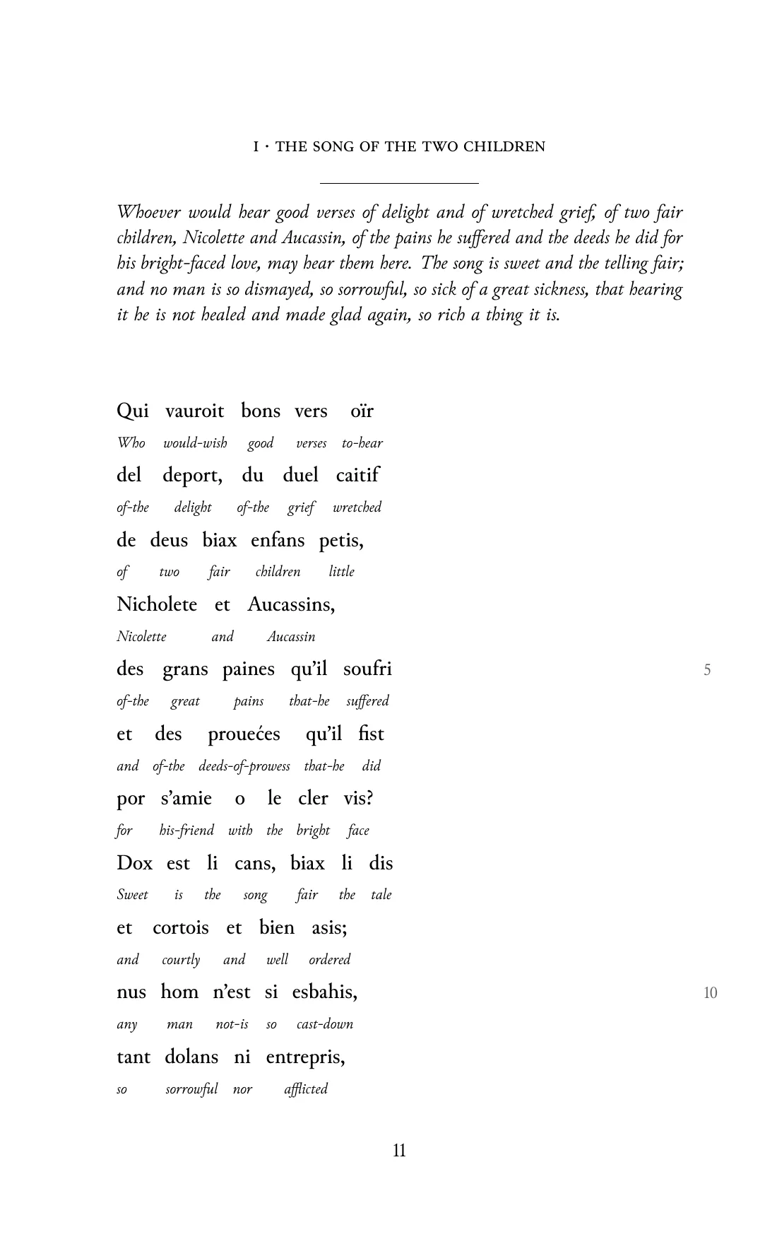 Page 11 of the book: the Old French text with an English word under each word.