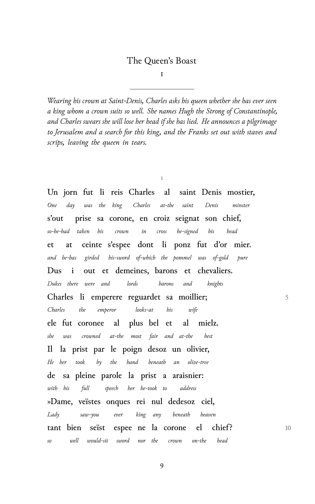 Page 9 of the book: the Old French text with an English word under each word.