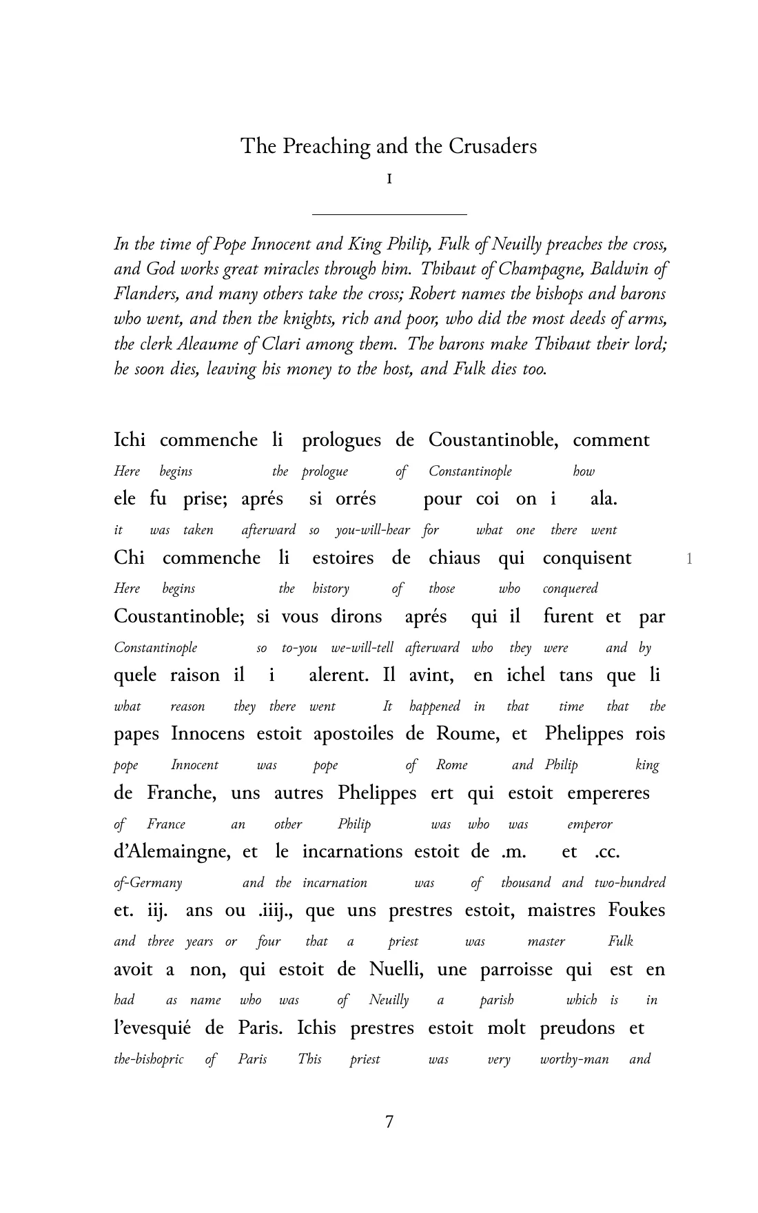 Page 7 of the book: the Old French text with an English word under each word.
