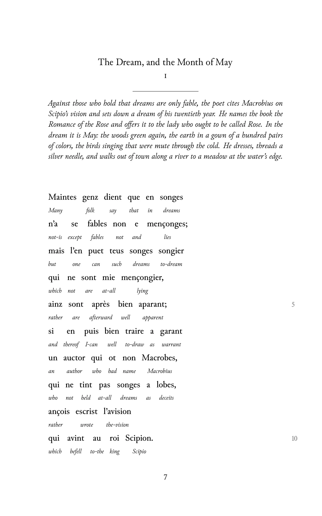 Page 7 of the book: the Old French text with an English word under each word.