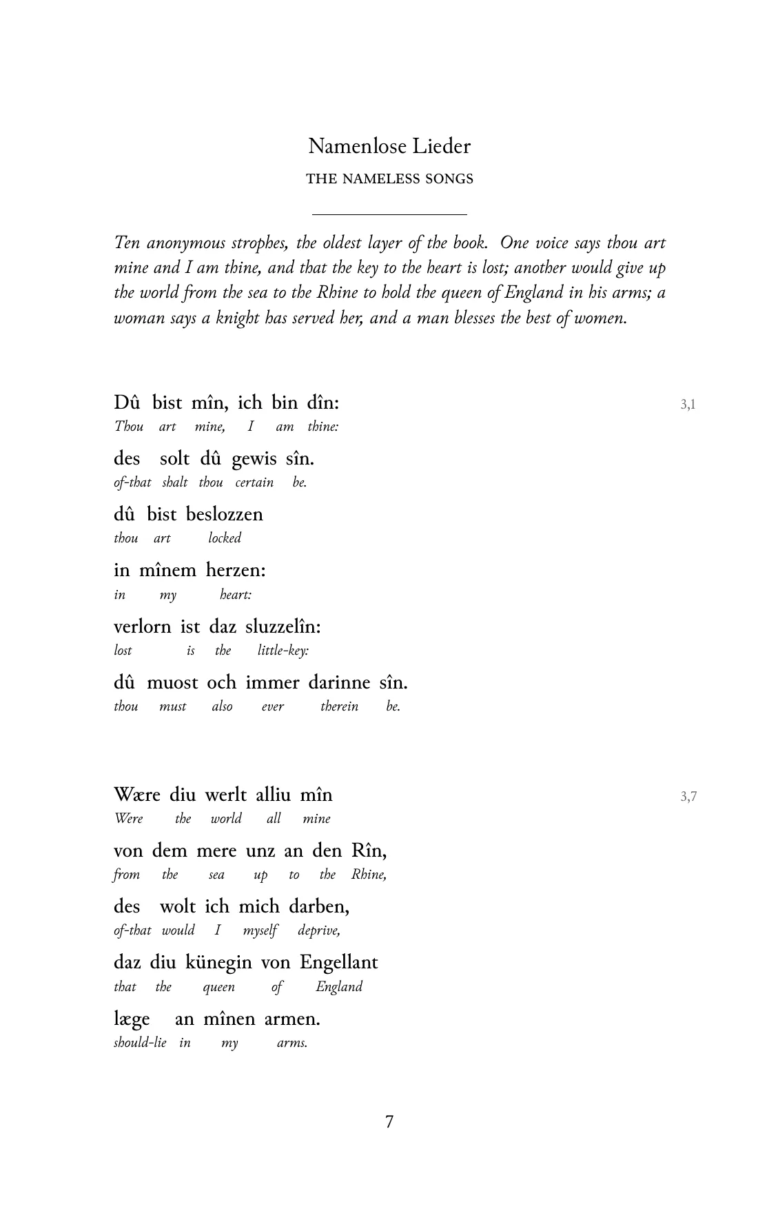 Page 7 of the book: the Middle High German text with an English word under each word.