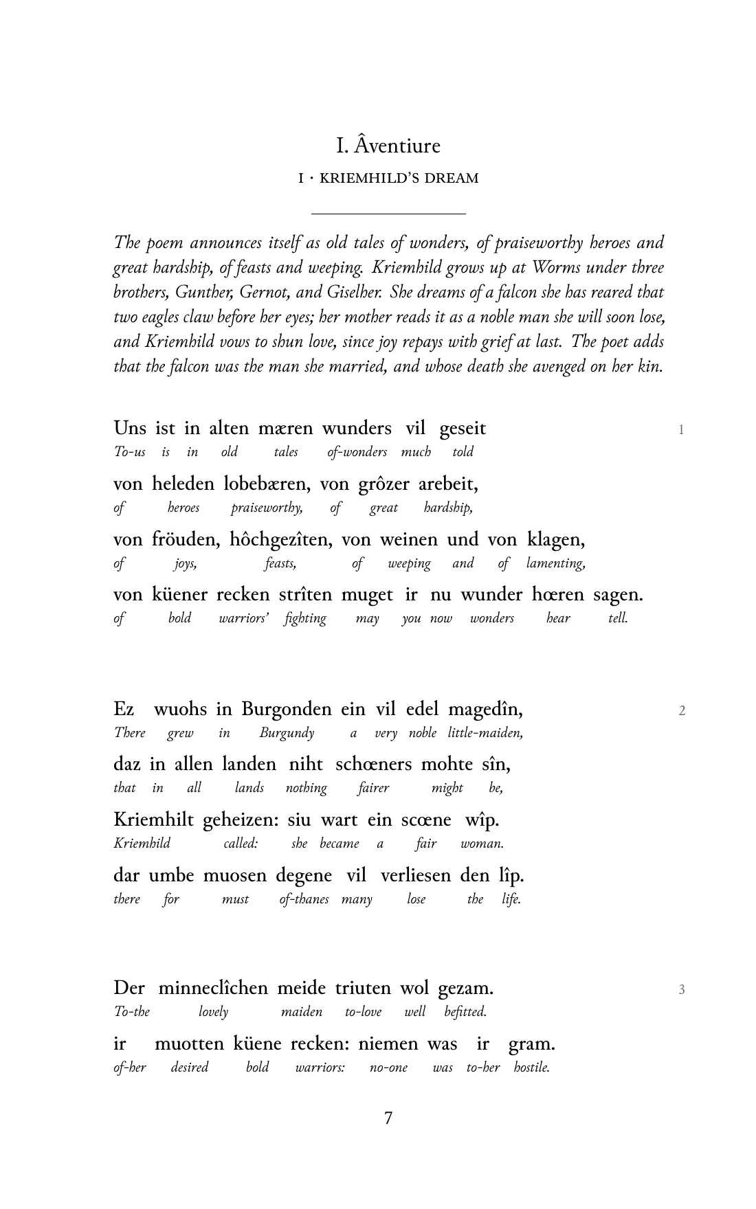 Page 7 of the book: the Middle High German text with an English word under each word.