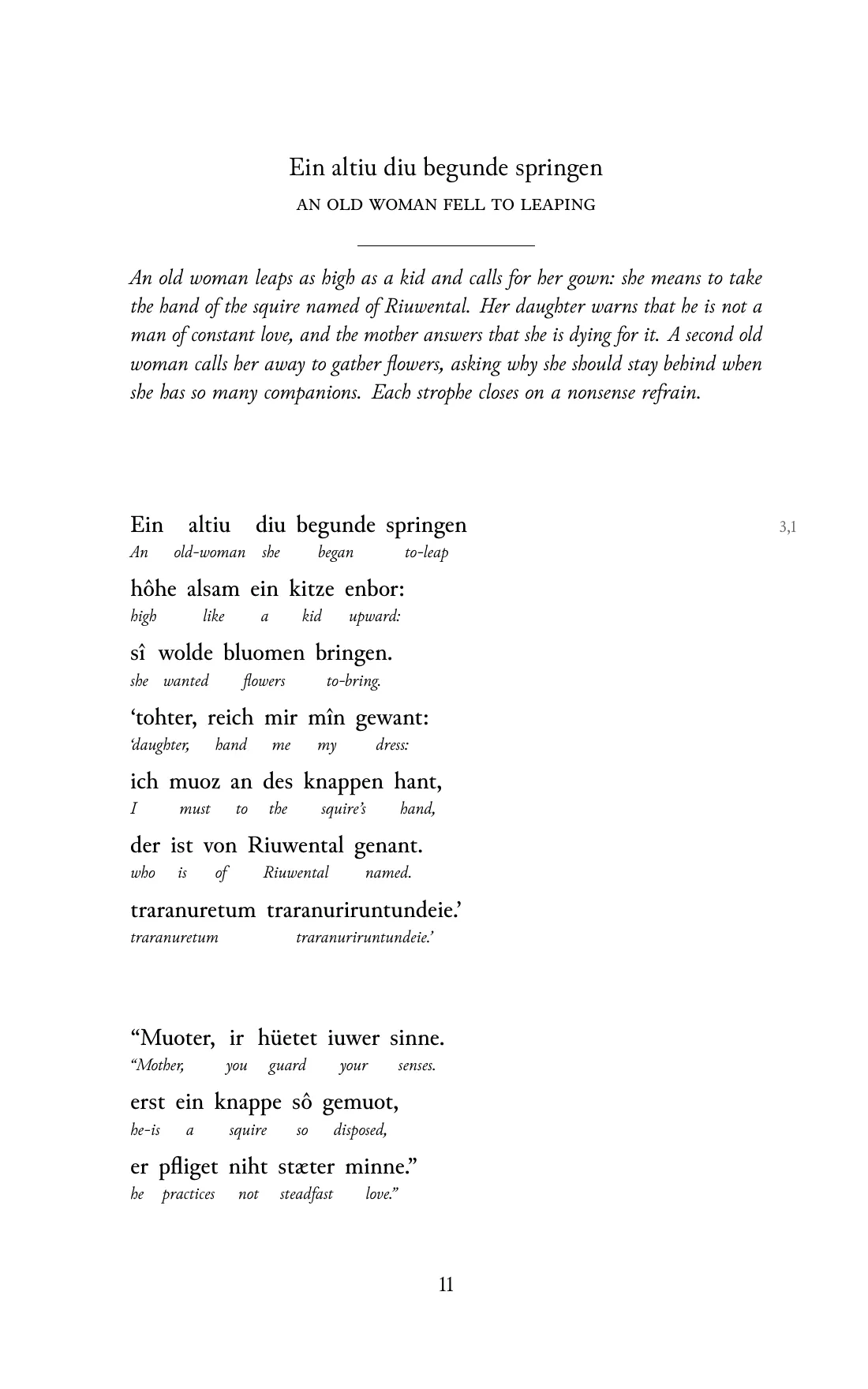 Page 11 of the book: the Middle High German text with an English word under each word.