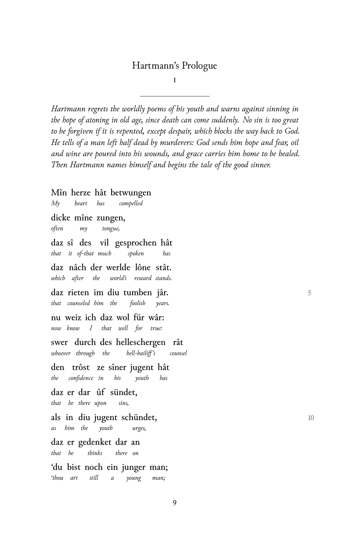 Page 9 of the book: the Middle High German text with an English word under each word.