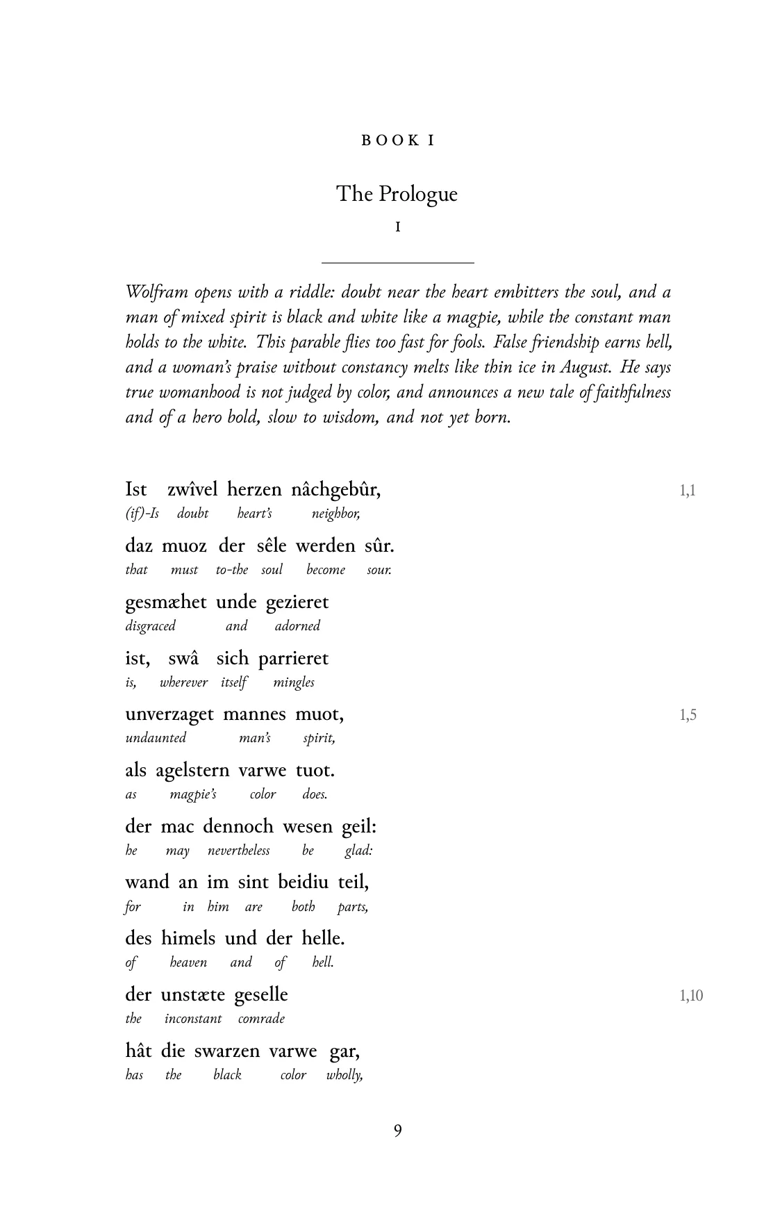 Page 9 of the book: the Middle High German text with an English word under each word.