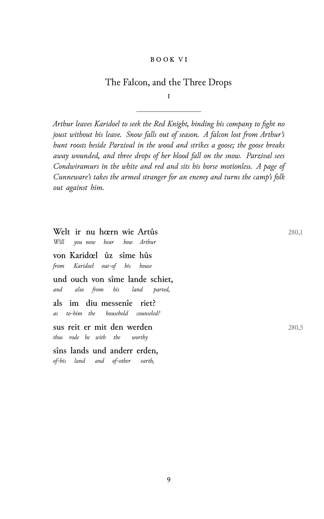 Page 9 of the book: the Middle High German text with an English word under each word.