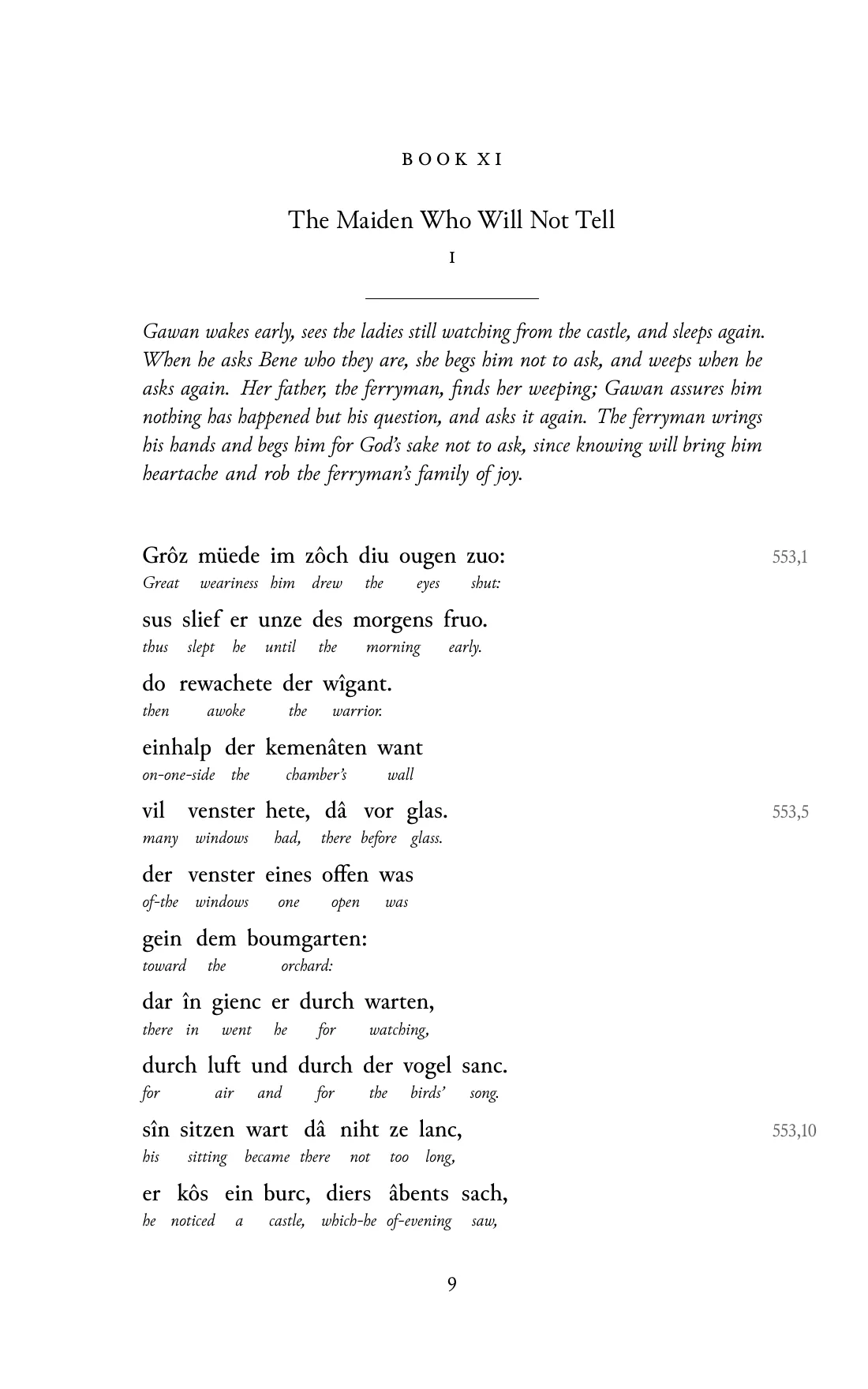 Page 9 of the book: the Middle High German text with an English word under each word.
