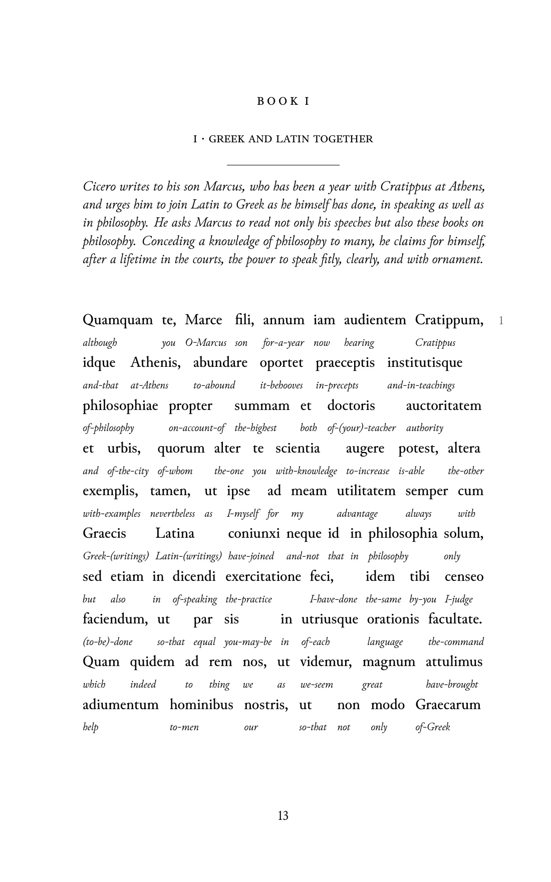 Page 13 of the book: the Classical Latin text with an English word under each word.
