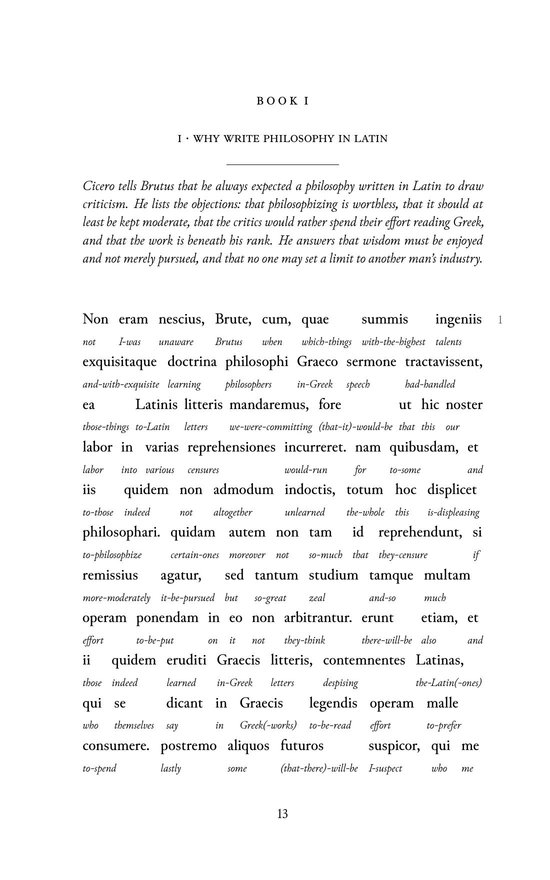 Page 13 of the book: the Classical Latin text with an English word under each word.