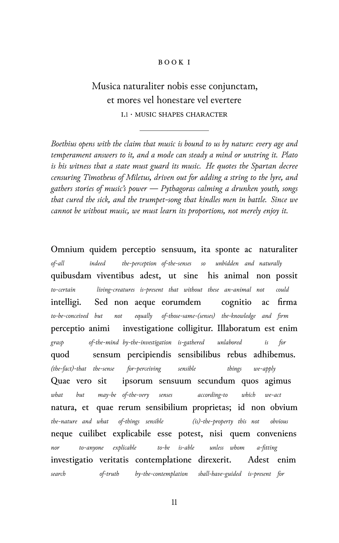 Page 11 of the book: the Classical Latin text with an English word under each word.