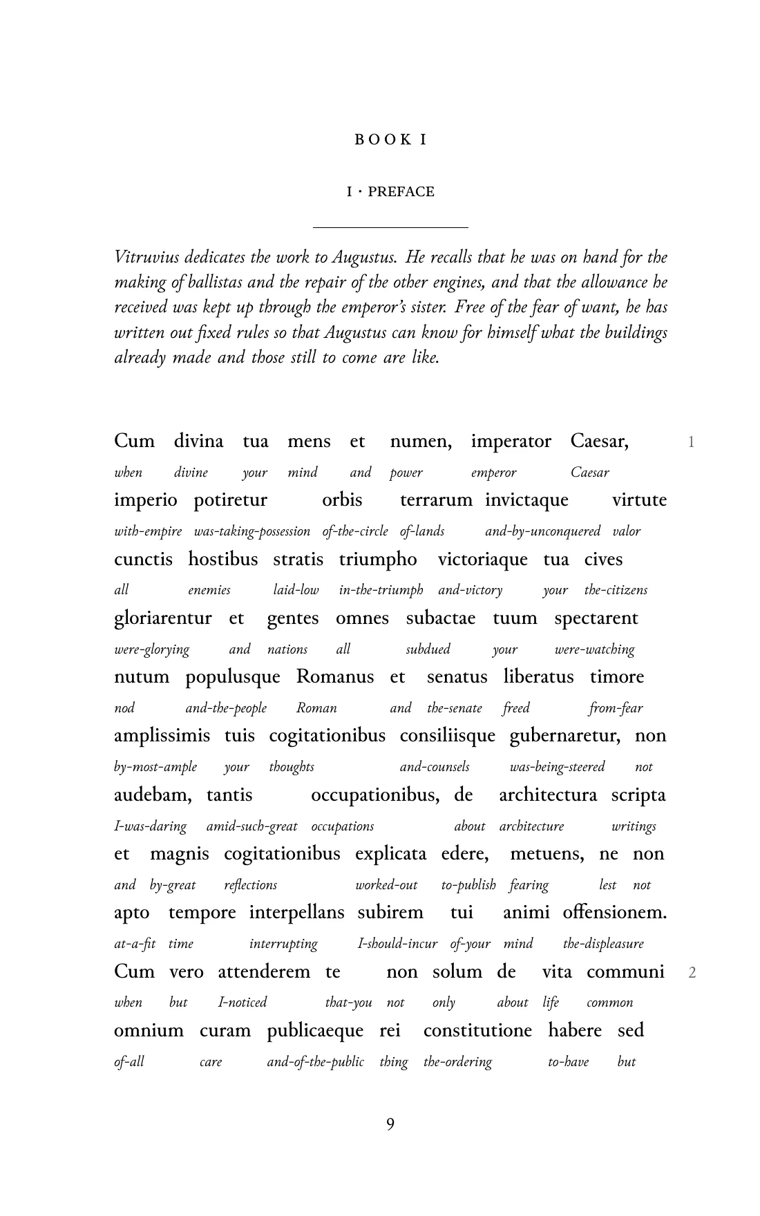 Page 9 of the book: the Classical Latin text with an English word under each word.