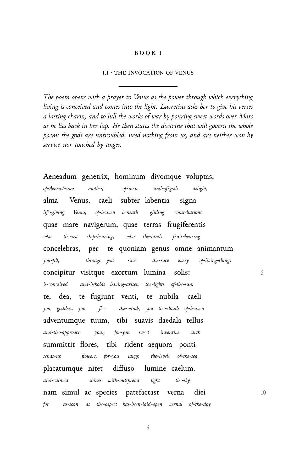 Page 9 of the book: the Classical Latin text with an English word under each word.
