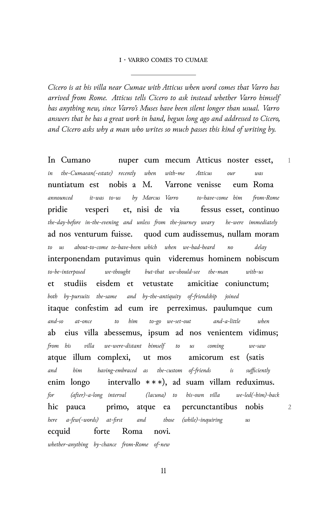 Page 11 of the book: the Classical Latin text with an English word under each word.