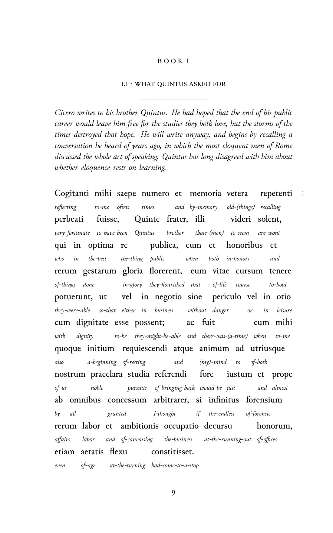 Page 9 of the book: the Classical Latin text with an English word under each word.