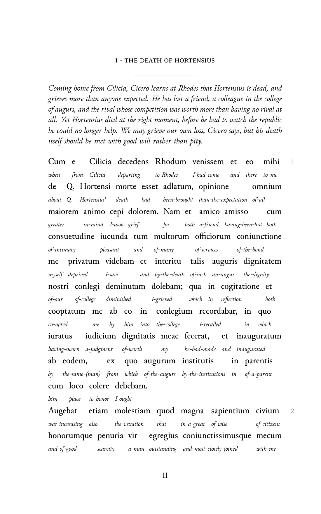 Page 11 of the book: the Classical Latin text with an English word under each word.