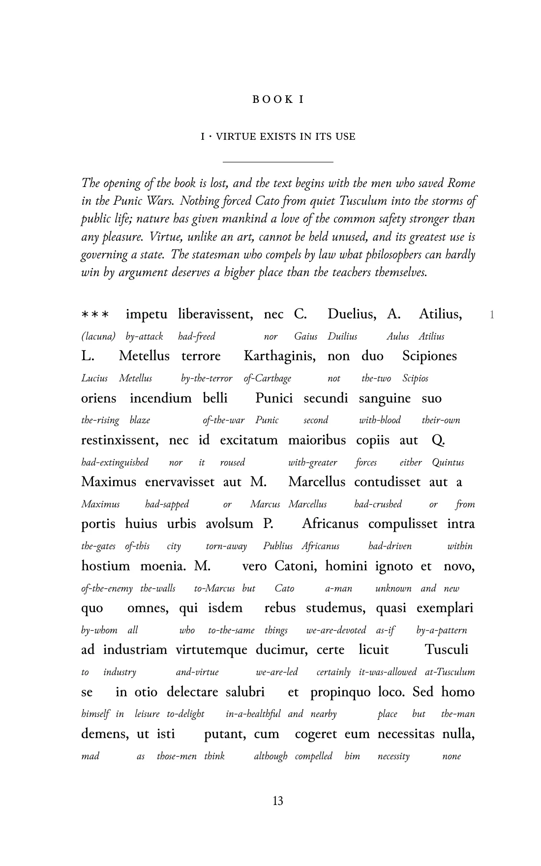 Page 13 of the book: the Classical Latin text with an English word under each word.