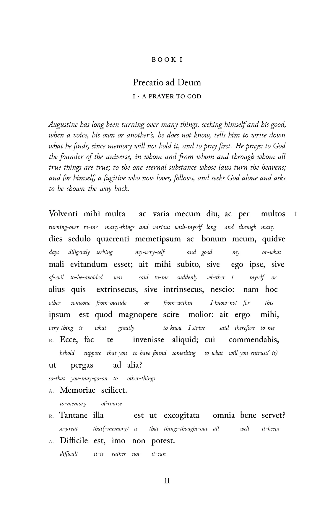 Page 11 of the book: the Classical Latin text with an English word under each word.