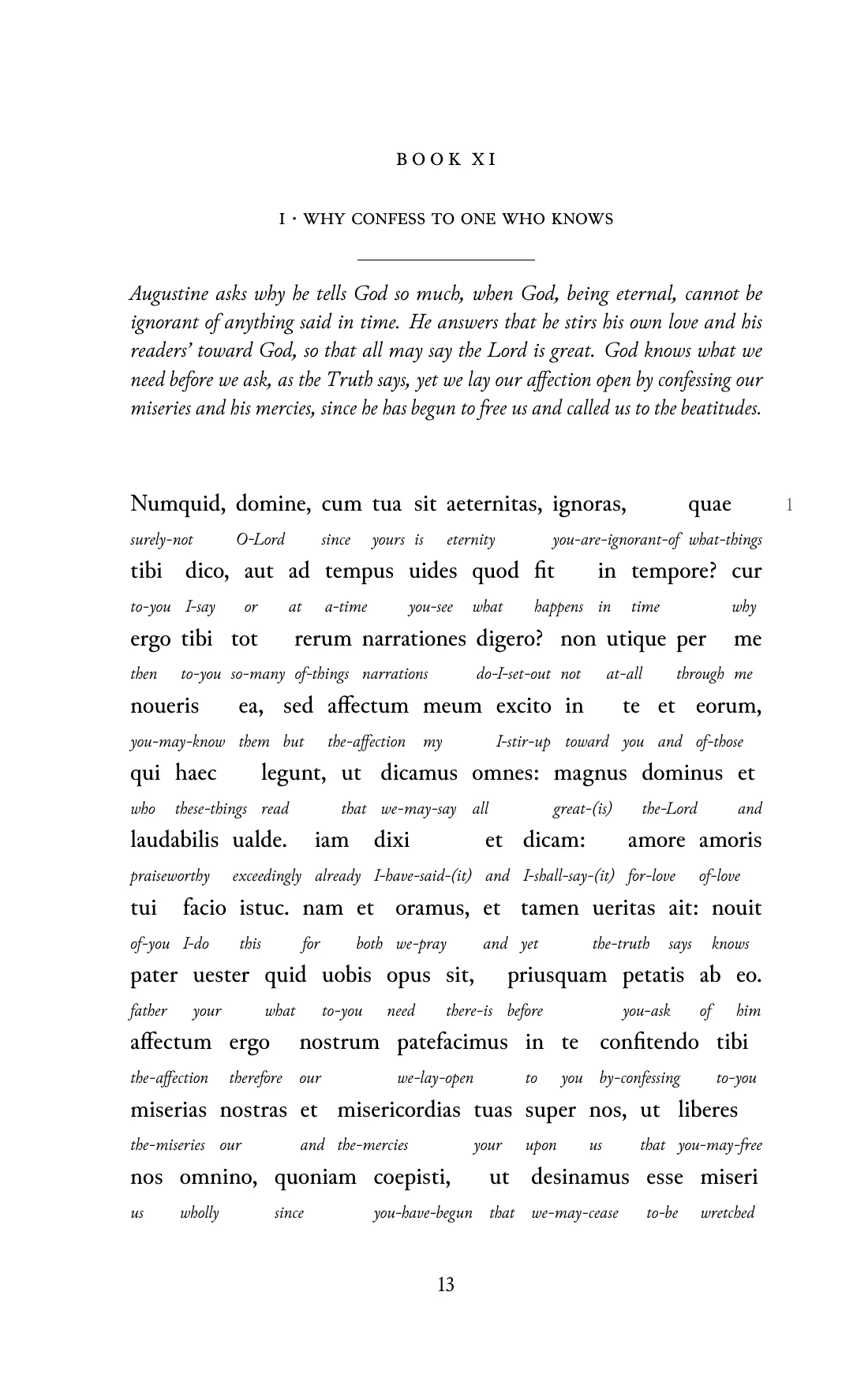 Page 13 of the book: the Classical Latin text with an English word under each word.