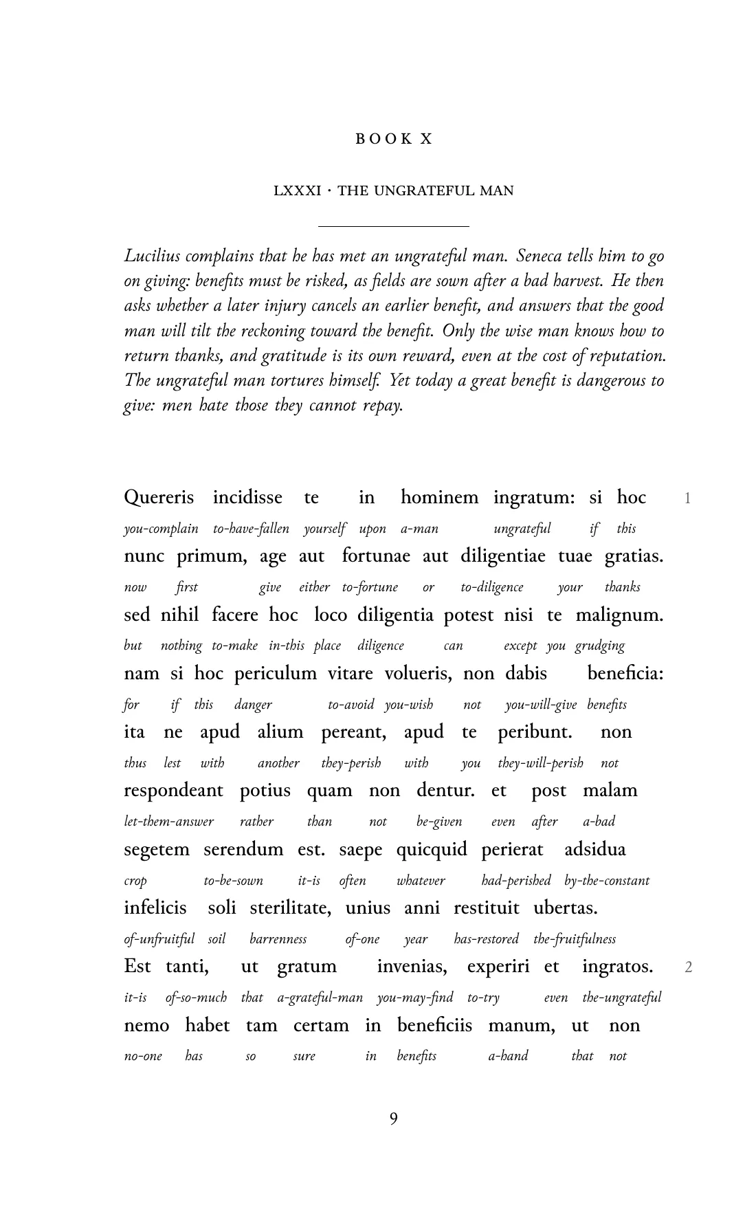 Page 9 of the book: the Classical Latin text with an English word under each word.