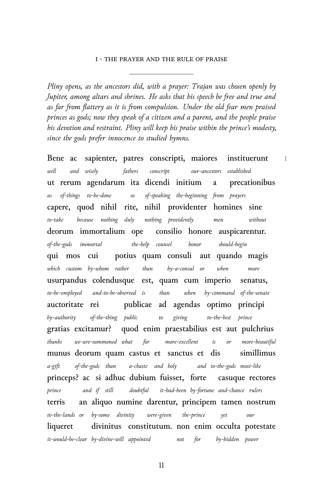 Page 11 of the book: the Classical Latin text with an English word under each word.