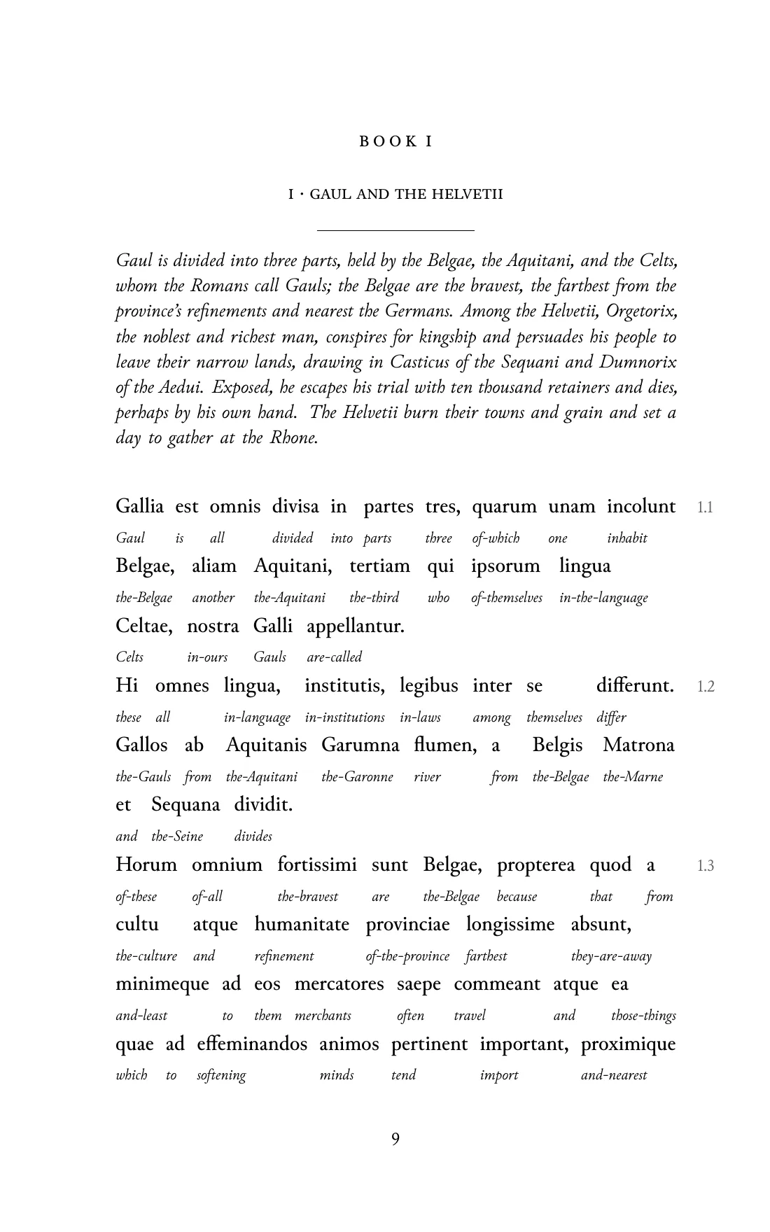 Page 9 of the book: the Classical Latin text with an English word under each word.