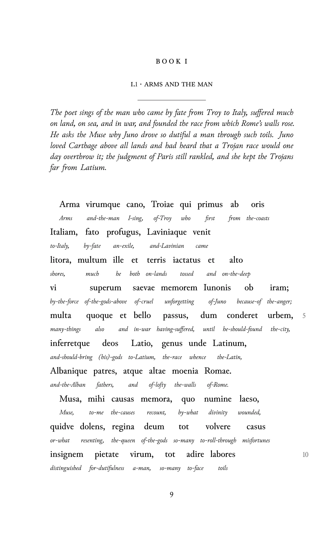Page 9 of the book: the Classical Latin text with an English word under each word.