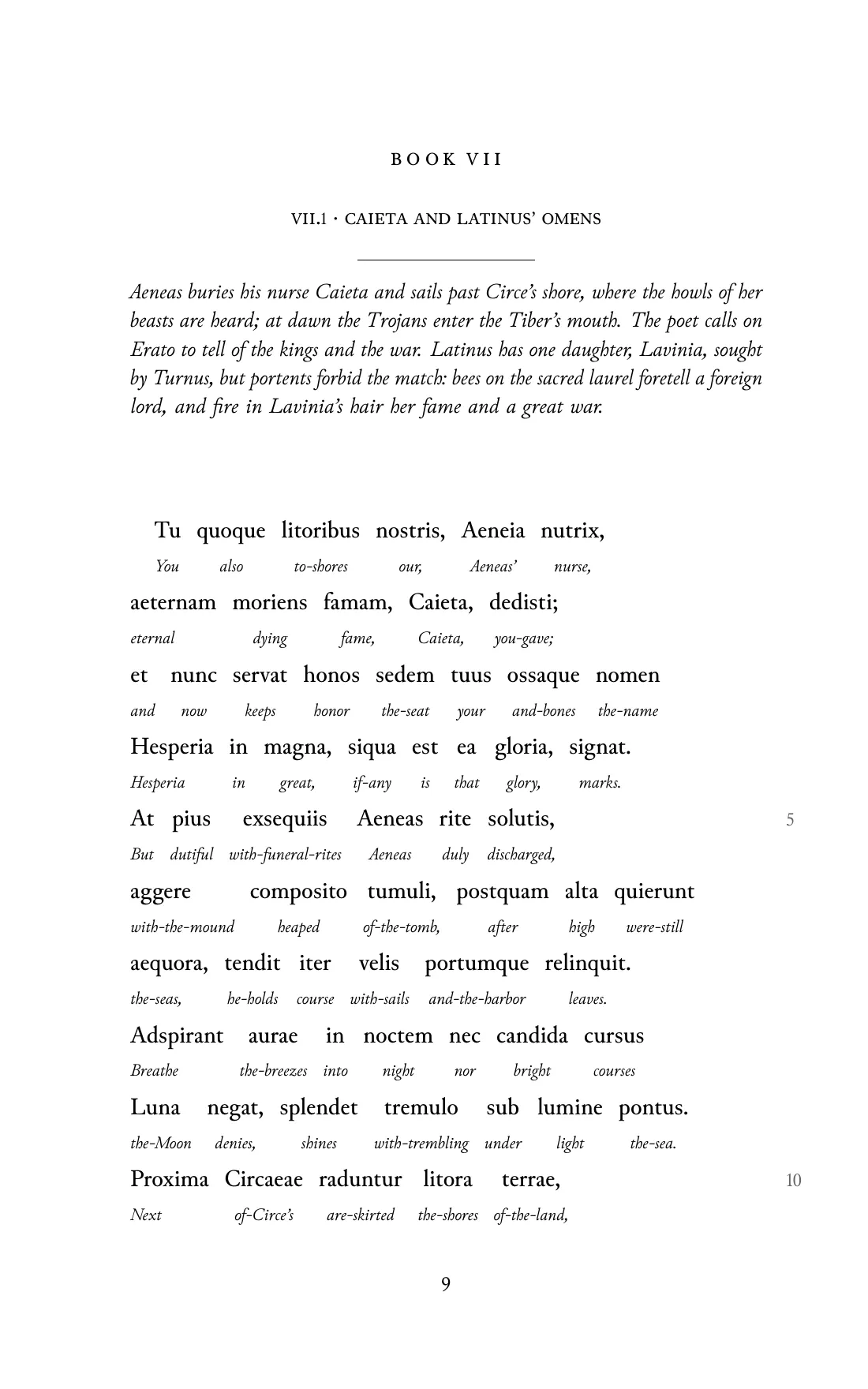 Page 9 of the book: the Classical Latin text with an English word under each word.