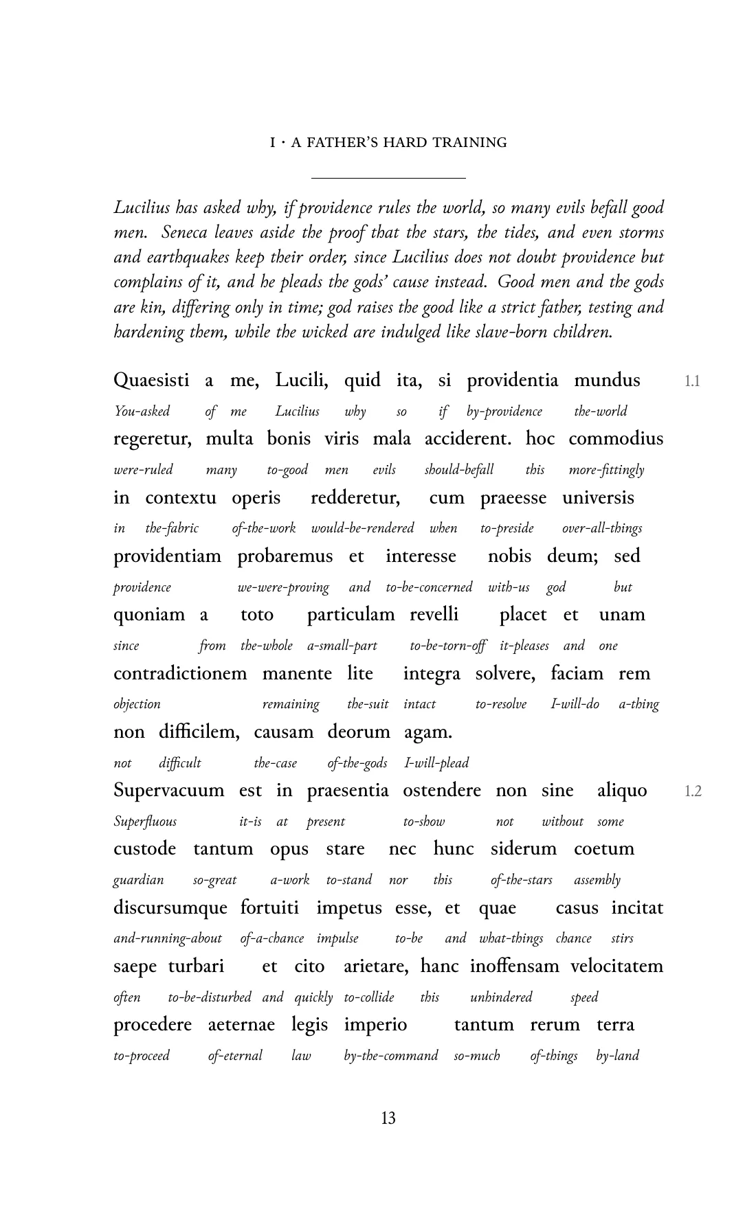 Page 13 of the book: the Classical Latin text with an English word under each word.