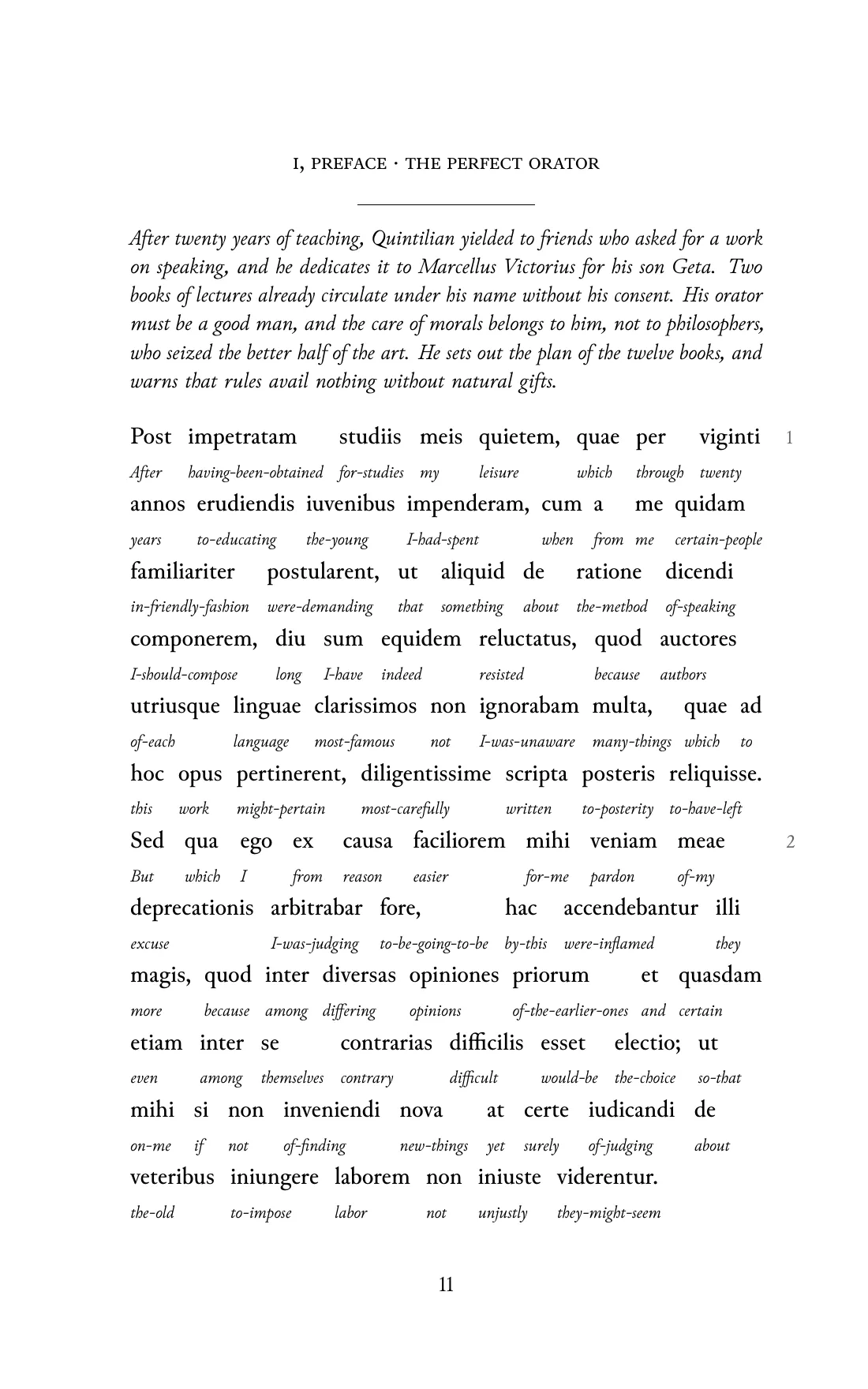 Page 11 of the book: the Classical Latin text with an English word under each word.