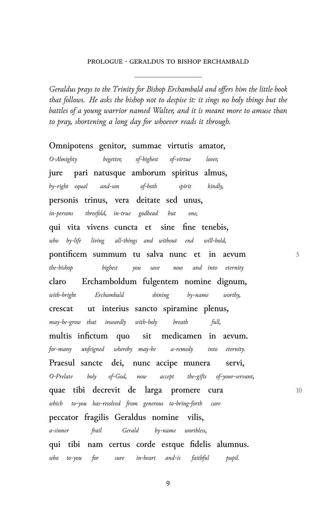 Page 9 of the book: the Medieval Latin text with an English word under each word.