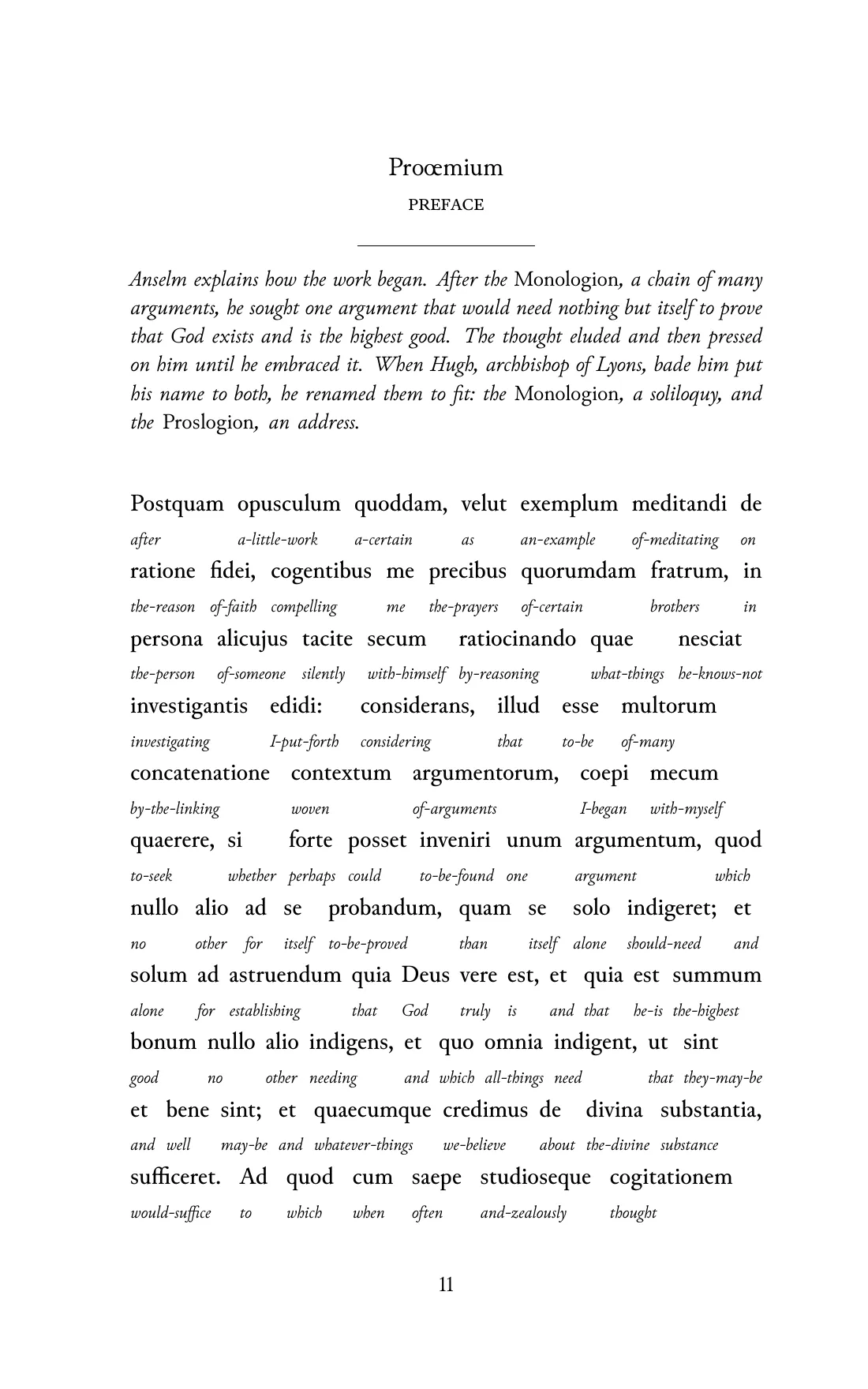 Page 11 of the book: the Medieval Latin text with an English word under each word.
